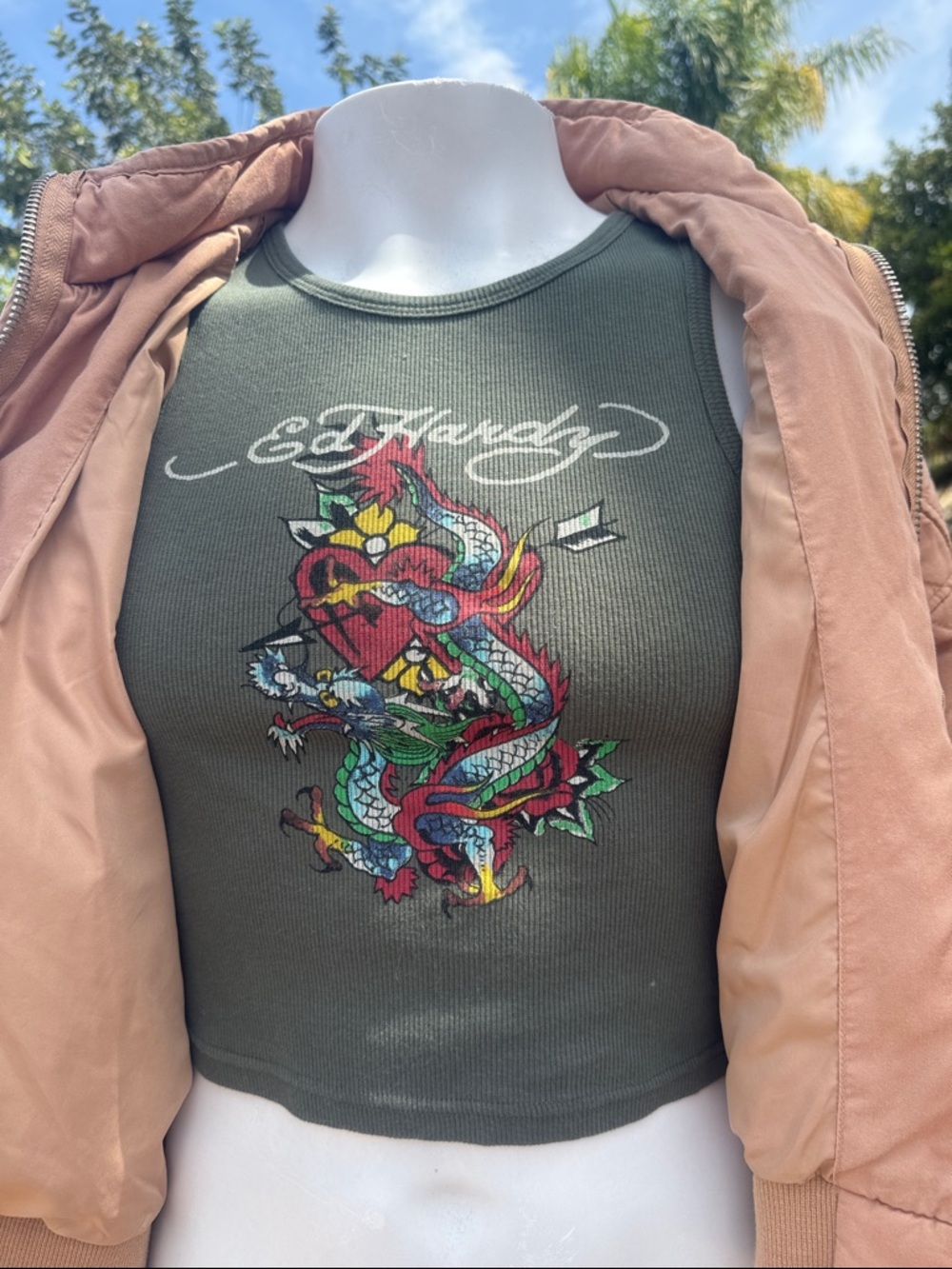 Vintage Y2K ed hardy trendy green crop tee sz L